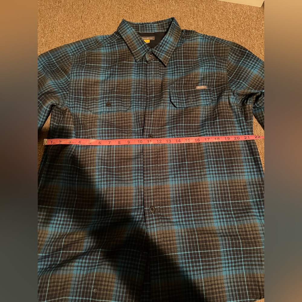 Eddie Bauer blue and black checkered button up shirt